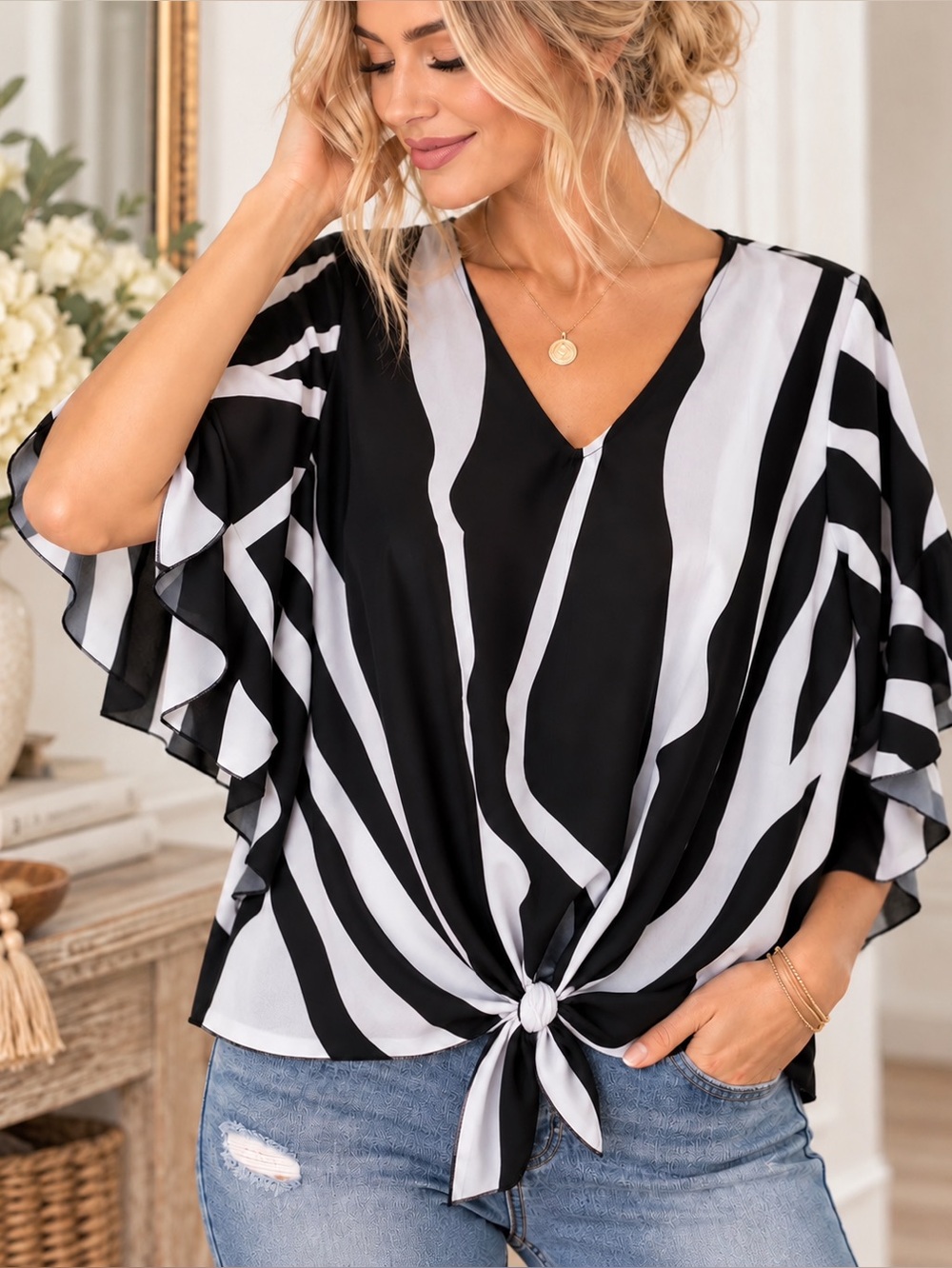 Black White Abstract Zebra Print Tie Front Blouse Flutter Sleeve Women's M